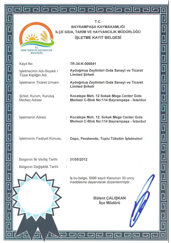 İşletme Kayıt Belgesi — Bayrampaşa · İstanbul