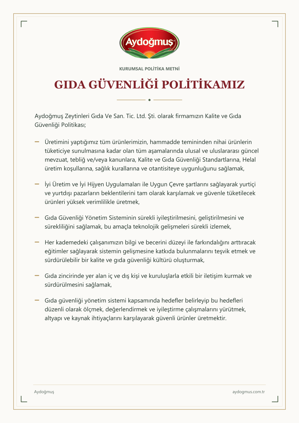 Gıda Güvenliği Politikası